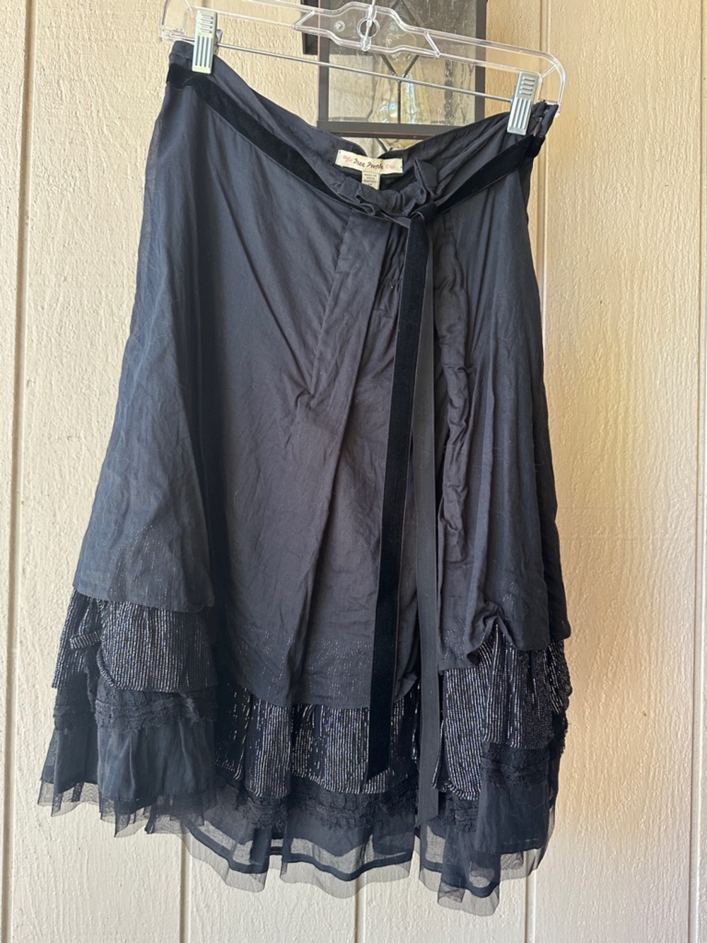 Free People Black Tiered Ruffle Midi Skirt with Tie Waist